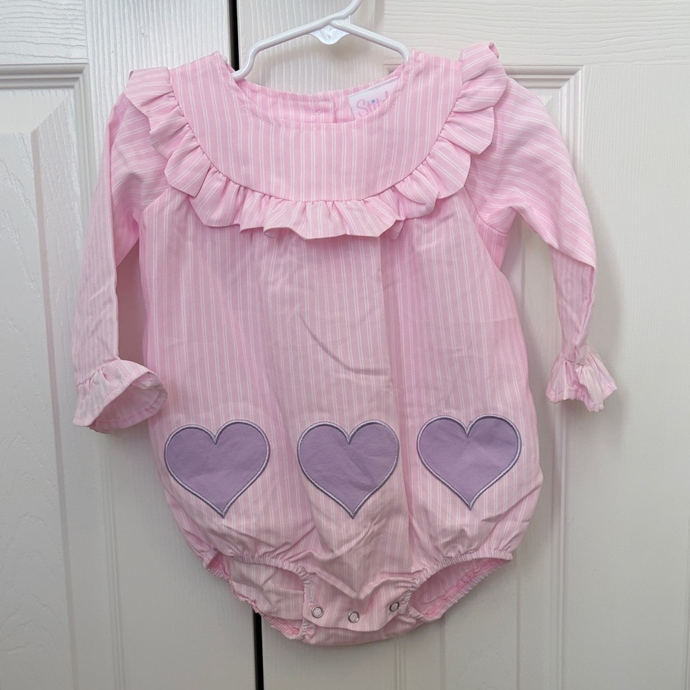 Pink Striped Baby Romper with Lavender Hearts